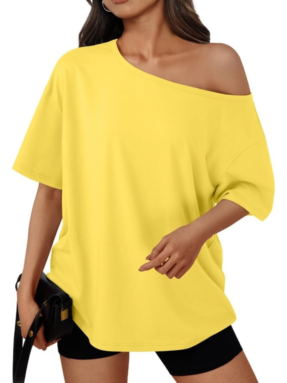 Women Yellow Off Shoulder Top Oversized Short Sleeve Casual Summer T-Shirt 2026